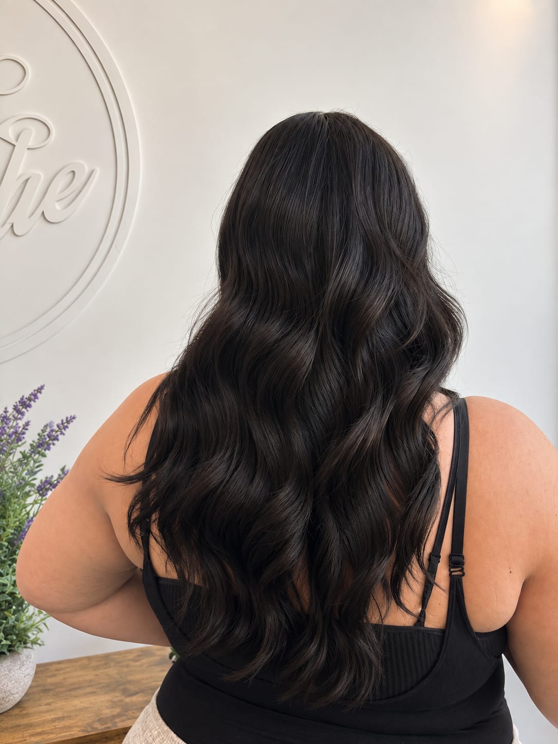 Long dark brunette waves, glossy and full