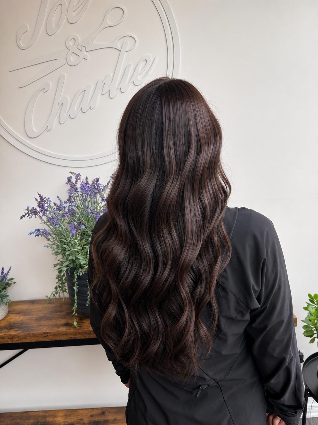 Long dimensional brunette balayage, waves flowing down the back