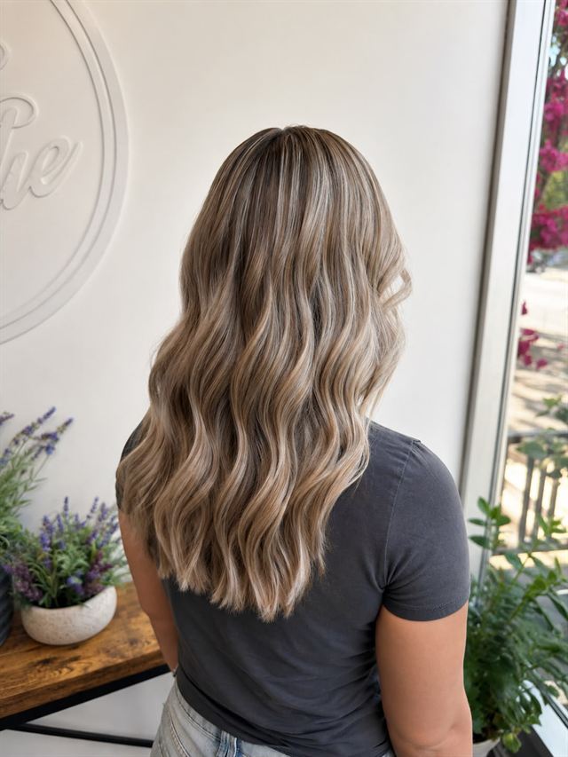 Ash blonde balayage with a soft root, in loose waves