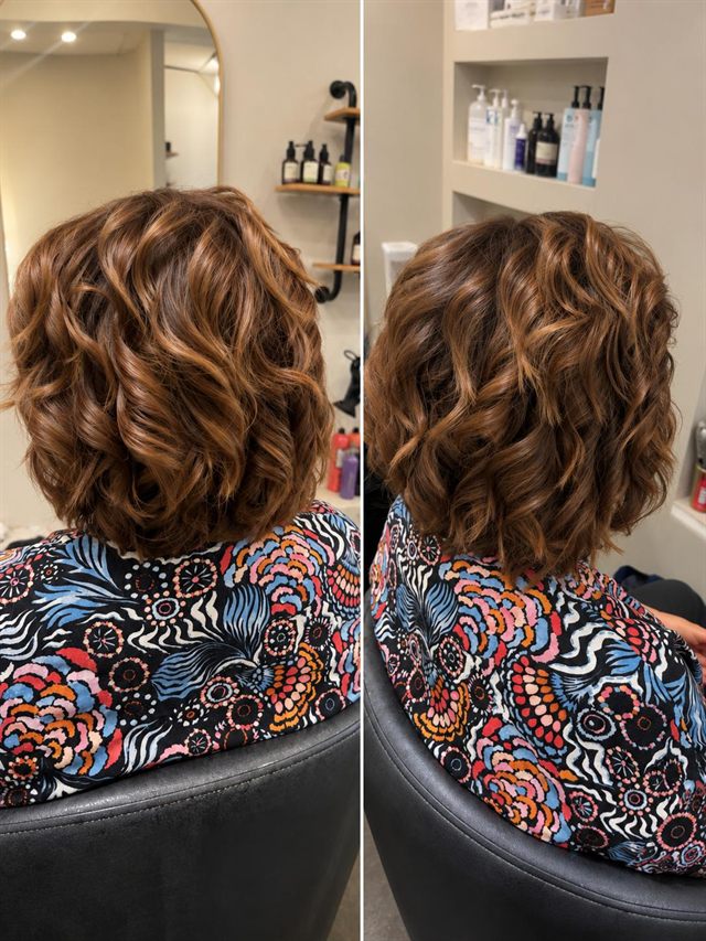 Copper-brown bob in loose, glossy waves, two views