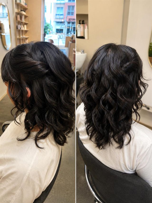 Black hair in soft curls, half-up with a twist, two views