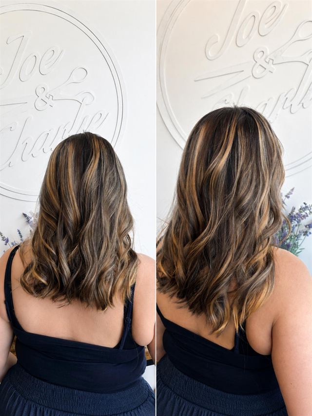 Brunette lob with caramel highlights in soft waves, two views