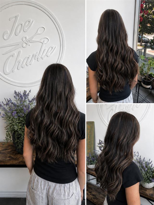 Very long dark brunette with soft ash highlights in waves, three views