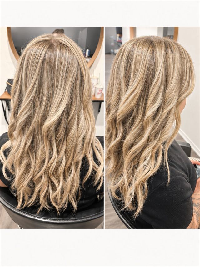 Bright blonde highlights in soft waves, two views