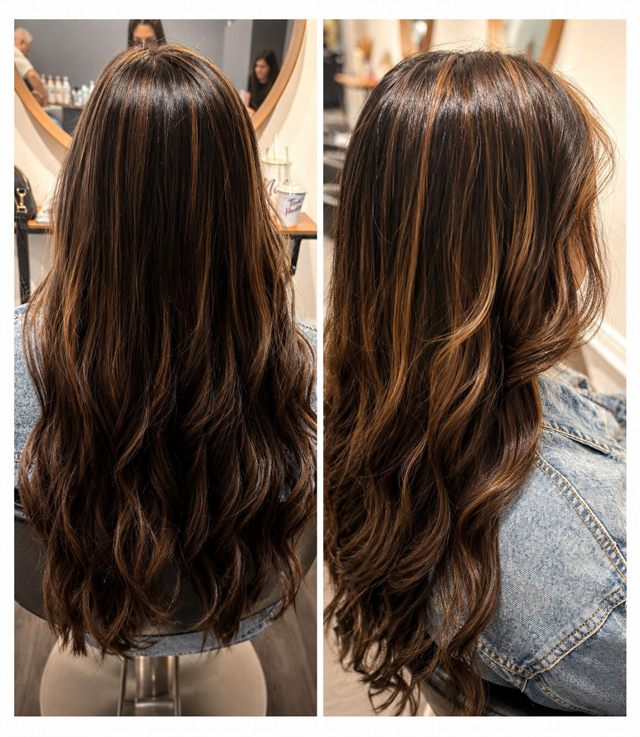 Dark brunette with caramel ribbon highlights in long waves, two views