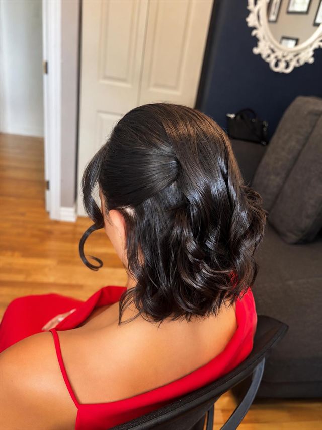 Curled bob, half-up, styled for a night out