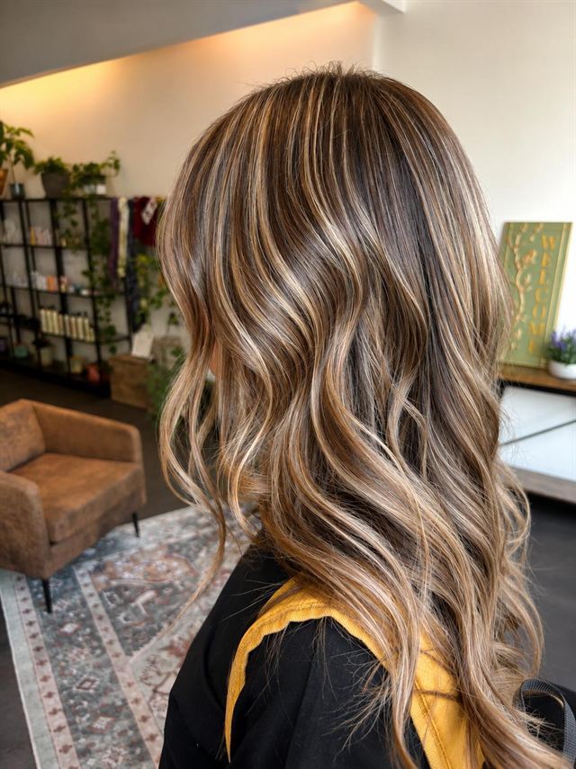 Brunette with caramel and blonde highlights in loose waves, side view