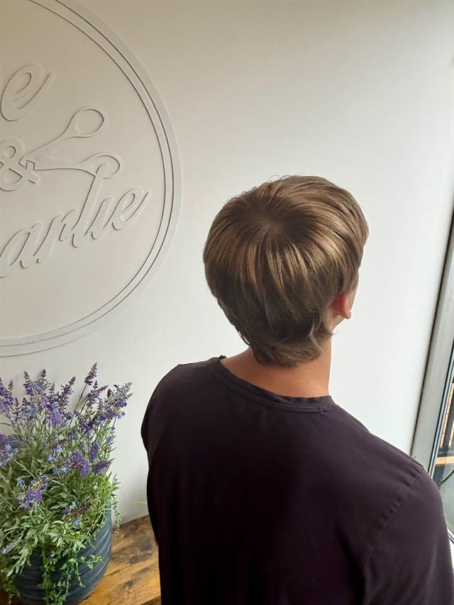Short layered cut with soft blended highlights, seen from behind